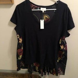 Deletta Anthropologie Silver Fern Black Floral Peplum Short Sleeve Women’s M